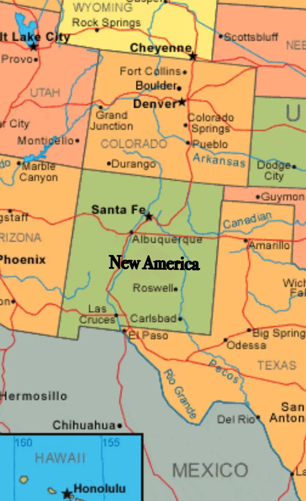 A map of the western United States with the state of New Mexico highlighted in green and labeled 'New America' in bold black…