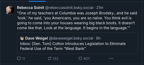 A screenshot of a social media post by Rebecca Solnit quoting Joseph Brodsky about language and evil, overlaid on a reply…