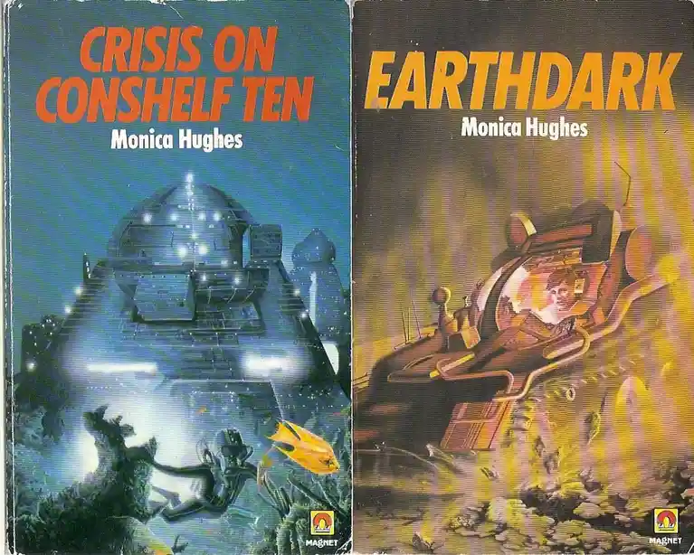 Two book covers side by side: left shows 'Crisis on ConsShelf Ten' with an underwater futuristic structure and diver; right…
