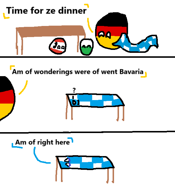 A three-panel cartoon depicts a German national personified as a yellow figure with a black, red, and gold head and…