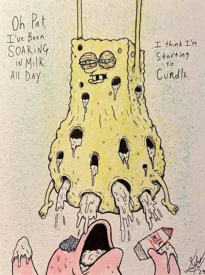 A cartoon drawing shows a yellow, porous sponge character hanging by ropes, visibly soaked and dripping white liquid from…