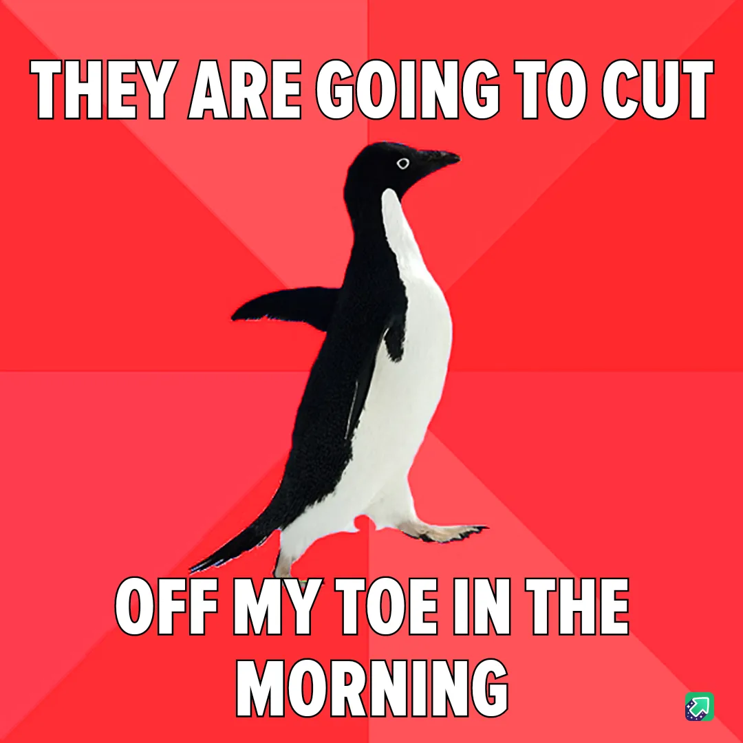 A black-and-white penguin stands against a red background with diagonal stripes. White bold text at the top reads 'THEY ARE…