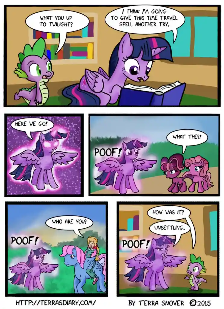 A comic strip featuring Twilight Sparkle attempting time travel, which results in her appearing in various strange places…