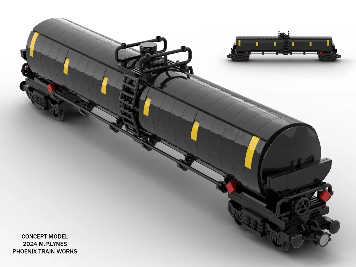 A detailed 3D render of a black LEGO-style tanker train car with yellow stripes, shown in two views against a white…