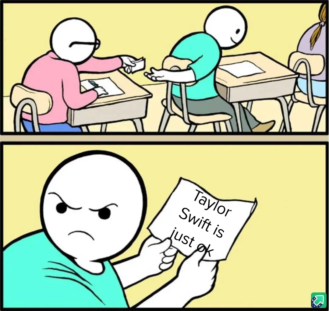 Two-panel cartoon showing students in a classroom. In the top panel, a student in pink hands a note to a student in teal. In…