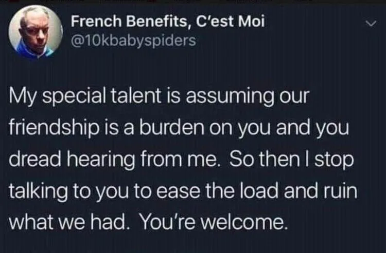 A screenshot of a tweet from the account 'French Benefits, C'est Moi' (@10kbabyspiders) featuring a profile picture of a man…