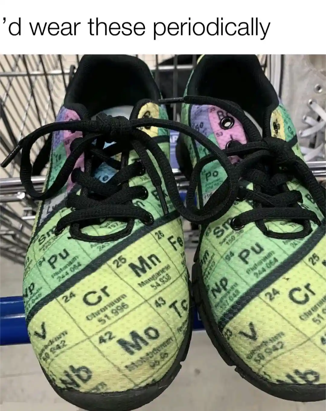A close-up photo shows a pair of sneakers with the periodic table printed on their fabric, featuring elements like Mn, Cr…
