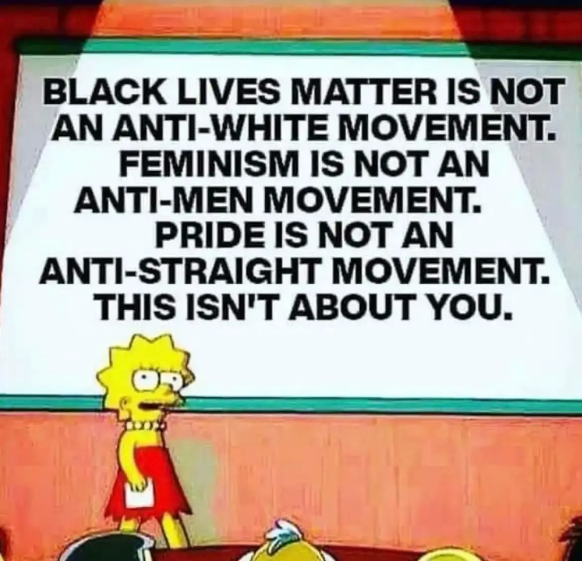 A still from The Simpsons shows Lisa Simpson standing in front of a white projection screen with bold black text listing…