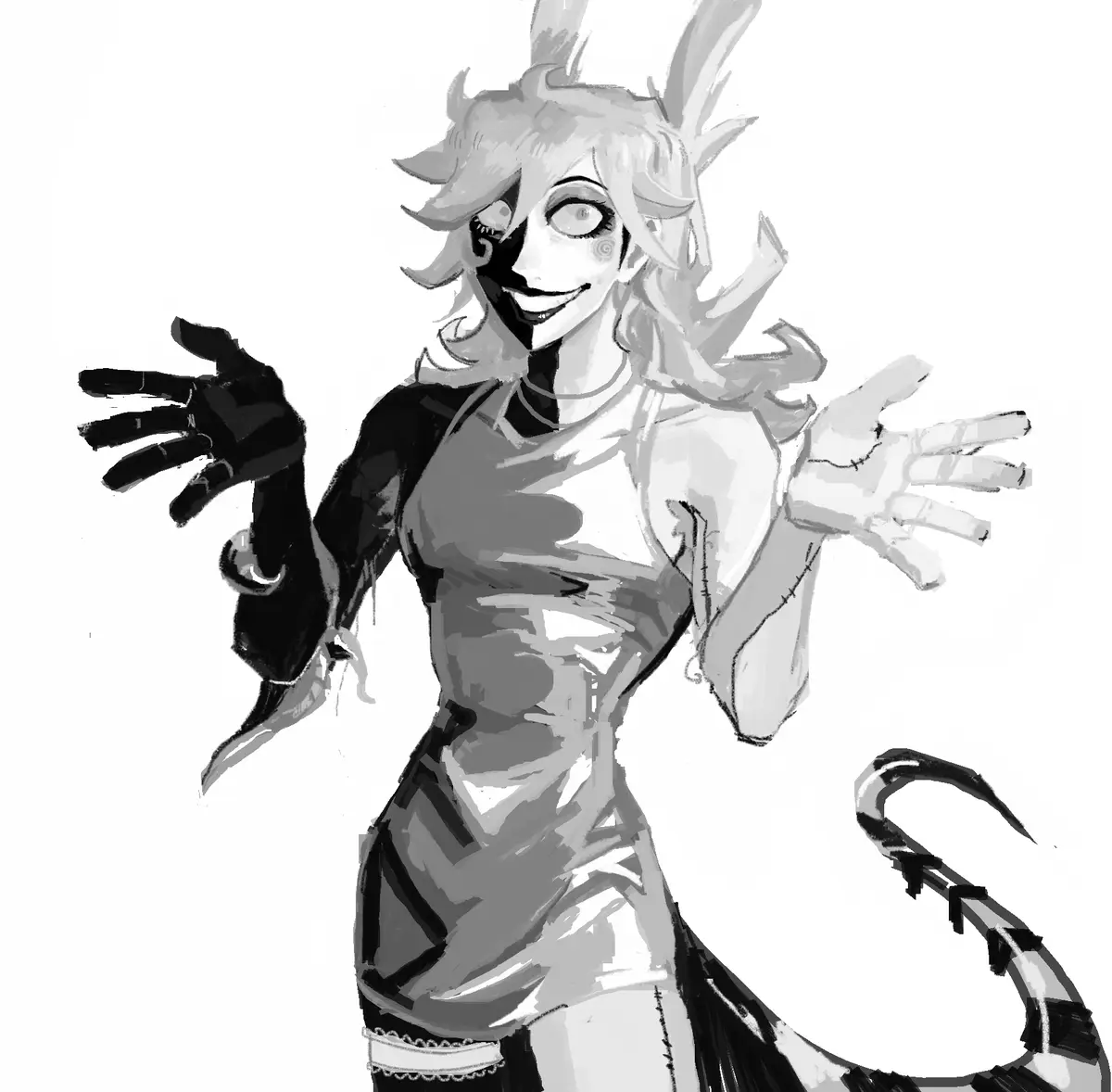 A black-and-white anime-style drawing of a character with spiky hair, one eye covered by a black patch, and a stitched-up…