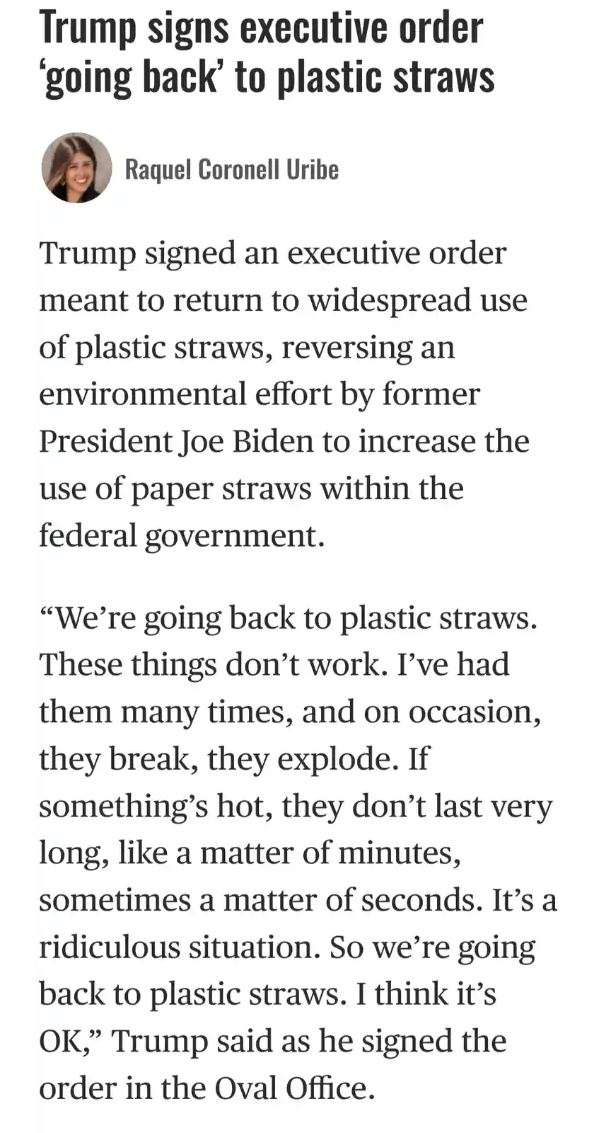 The image displays a news article snippet with a headline stating 'Trump signs executive order 'going back' to plastic…