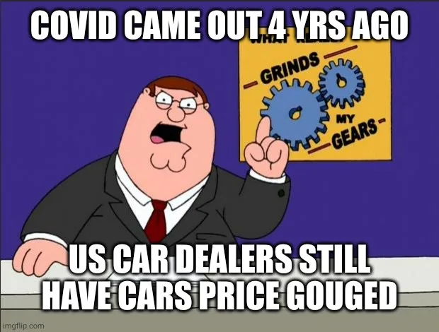 The image shows Peter Griffin from Family Guy, wearing a suit and tie, pointing angrily at a poster with two blue gears and…