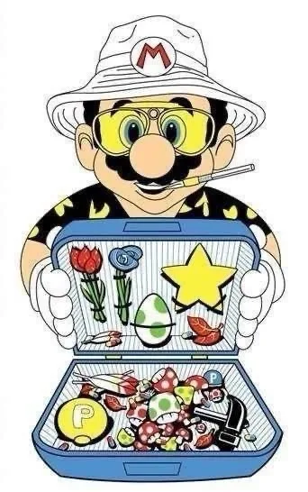 Mario, wearing a white bucket hat with an 'M' logo and yellow sunglasses, holds open a blue lunchbox. The top compartment…