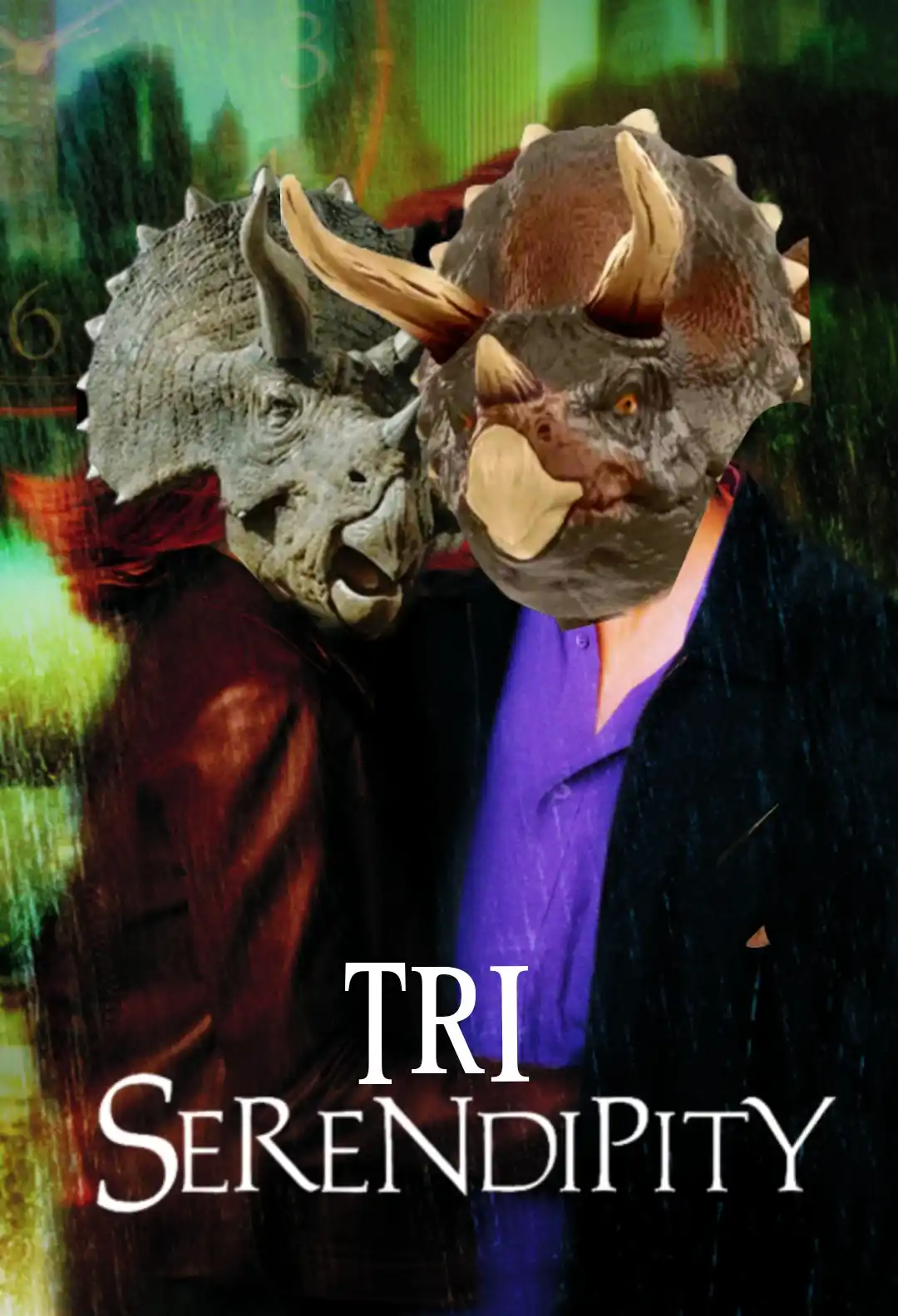 Two people are shown side-by-side, their heads replaced with triceratops heads, against a blurred background with clock…