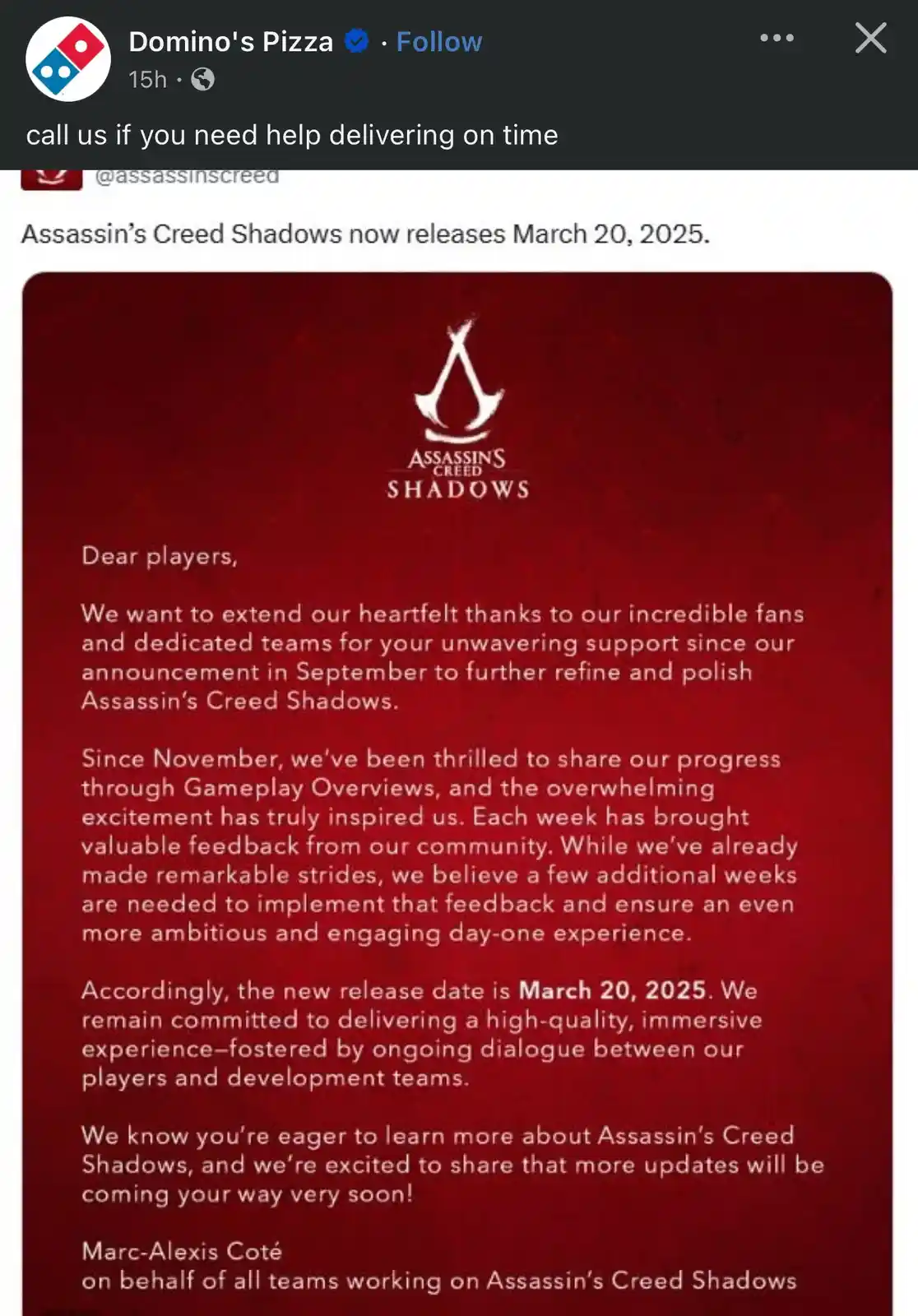 A screenshot of a Domino's Pizza social media post overlaid on a screenshot of an Assassin's Creed Shadows game release…