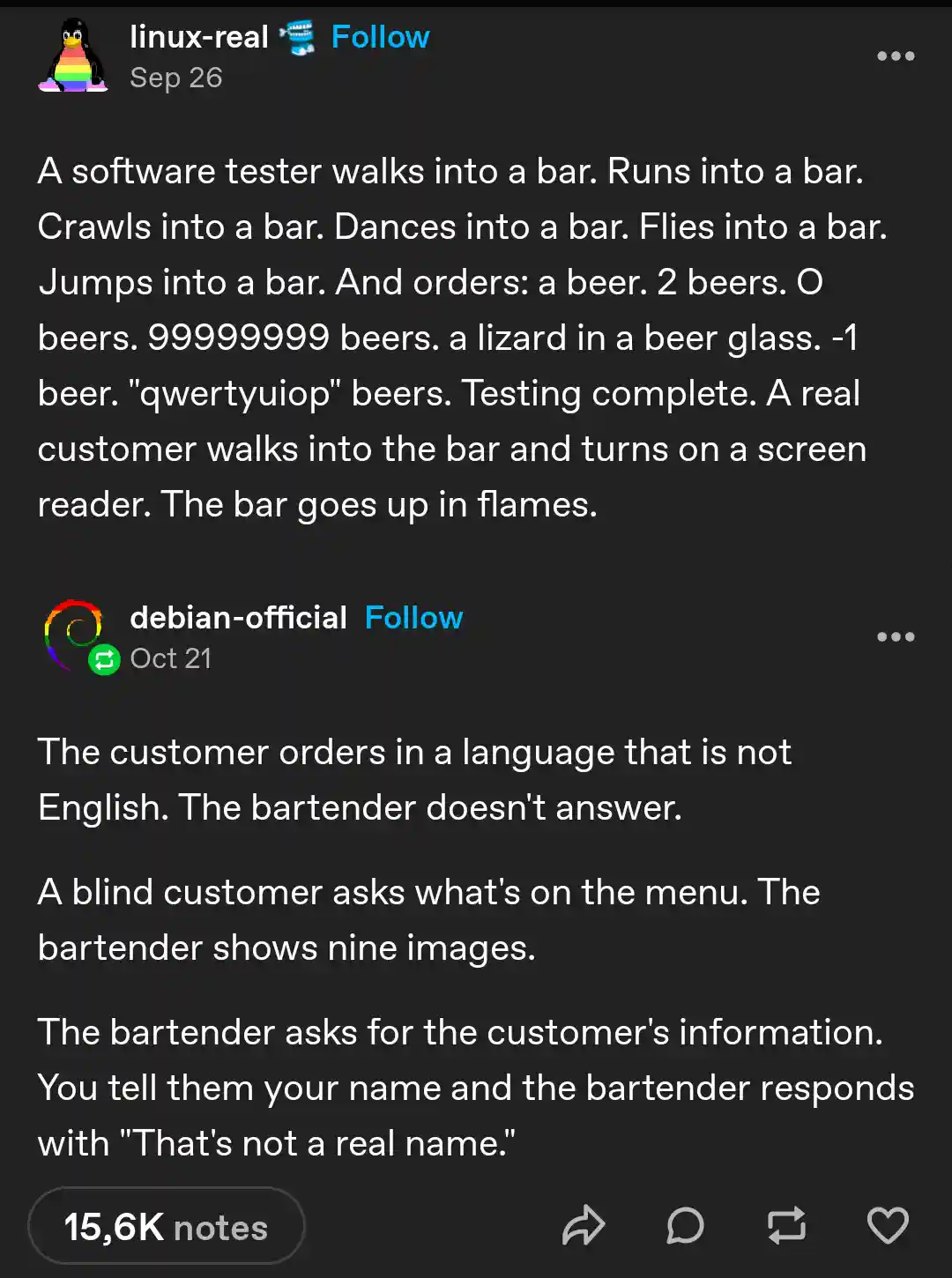 The image displays two social media posts side-by-side on a dark background. The top post, from 'linux-real', features a…