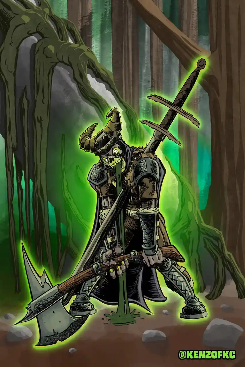 A skeletal warrior with glowing green eyes and a horned helmet stands in a dark, mossy forest, holding a glowing green axe…