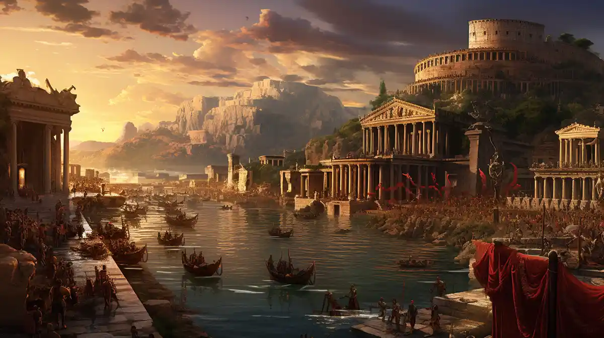A grand, golden-hued digital painting depicts a bustling ancient Roman port city at sunset, featuring classical temples, a…