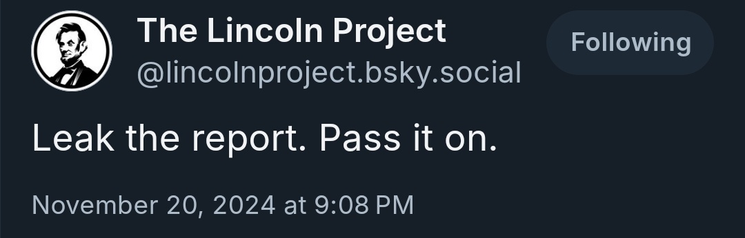 A screenshot of a social media post from 'The Lincoln Project' account, featuring a profile picture of Abraham Lincoln, with…