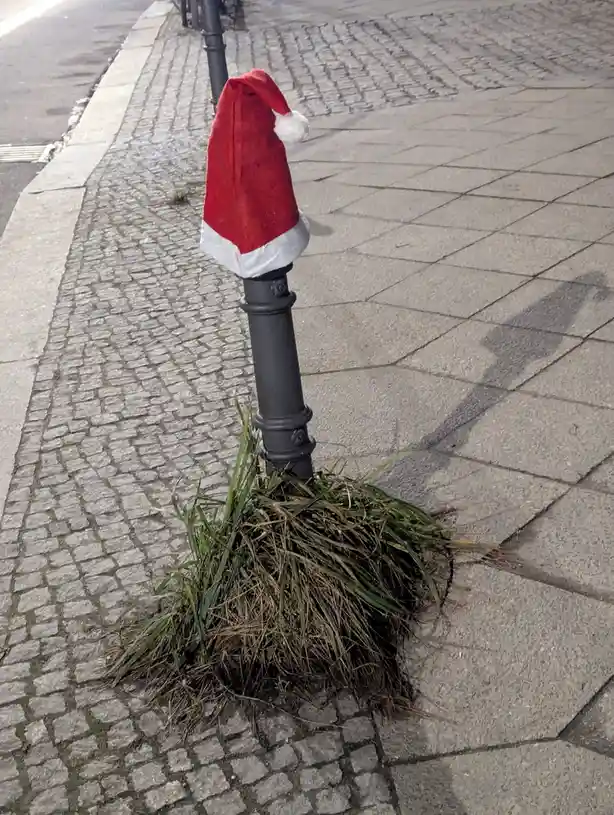 A red and white Santa hat is perched atop a black metal pole on a paved sidewalk, with a large, unruly patch of green and…