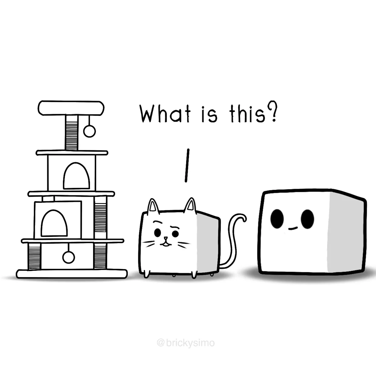A black-and-white cartoon shows a cat looking confused at a large, multi-level cat tree, with a simple cube character…
