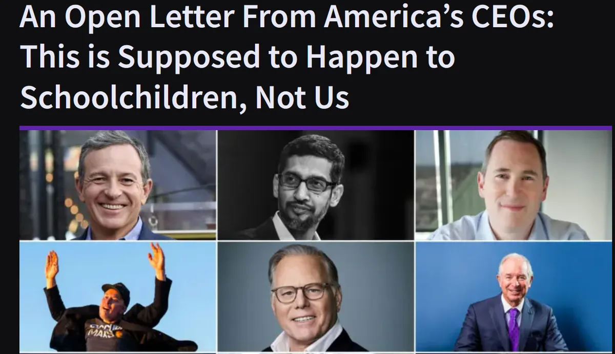 The image displays a grid of six headshots of prominent American CEOs, including Robert Iger, Sundar Pichai, and others…