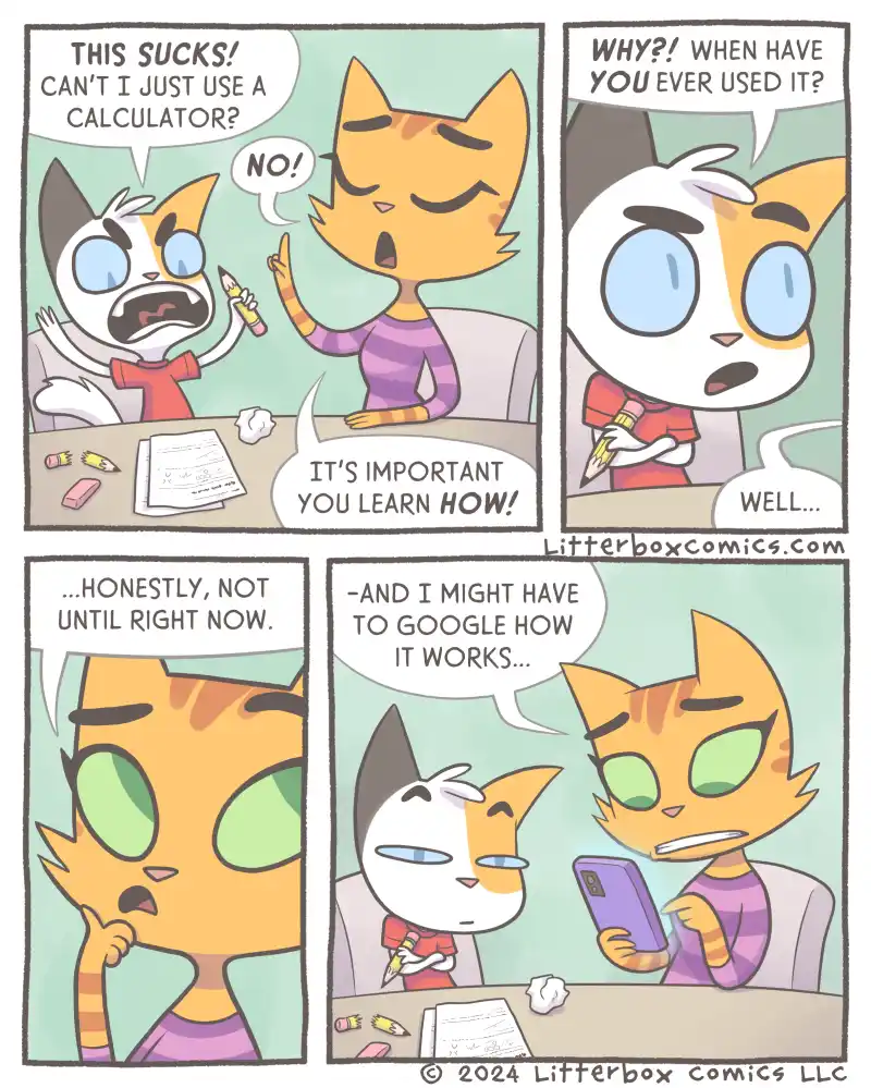 A four-panel comic strip featuring two cartoon cats at a desk. The first cat, frustrated, asks why they can't use a…