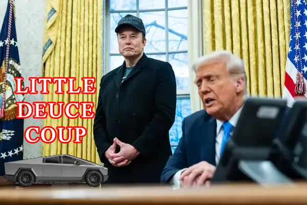 An image shows Elon Musk standing in the Oval Office wearing a black cap and coat, while Donald Trump sits at the desk. A…