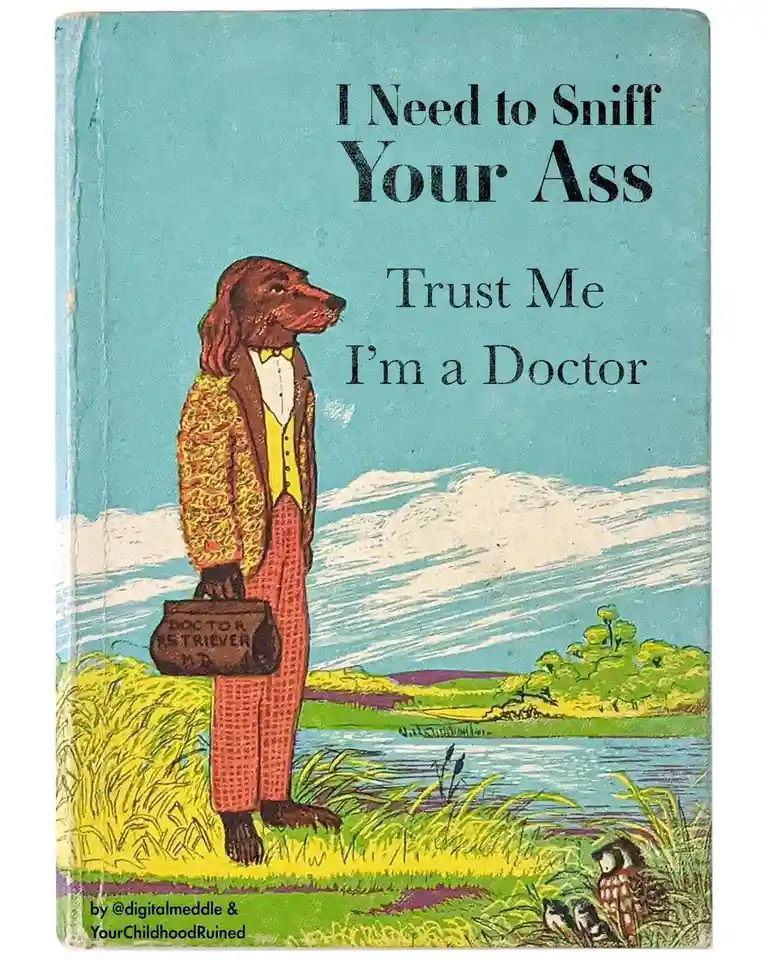 A vintage-style book cover depicts a brown dog dressed in a yellow patterned jacket, white shirt, yellow vest, and red…