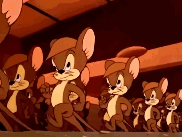 A sequence of cartoon mouse characters, likely from the Looney Tunes 'Mouse Trouble' short, shows a mouse leader walking…