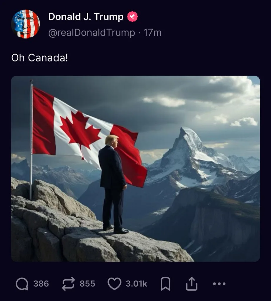 A digitally altered image shows Donald Trump standing on a rocky mountaintop overlooking snow-capped peaks, with a large…
