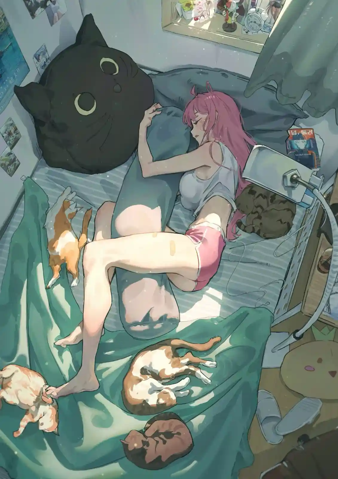 An anime-style illustration shows a pink-haired girl sleeping on her side in bed, surrounded by multiple sleeping cats. A…