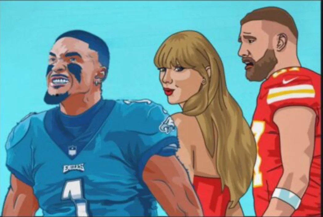 A stylized illustration shows three figures: a man in a blue Detroit Lions jersey with face paint, a woman with blonde hair…