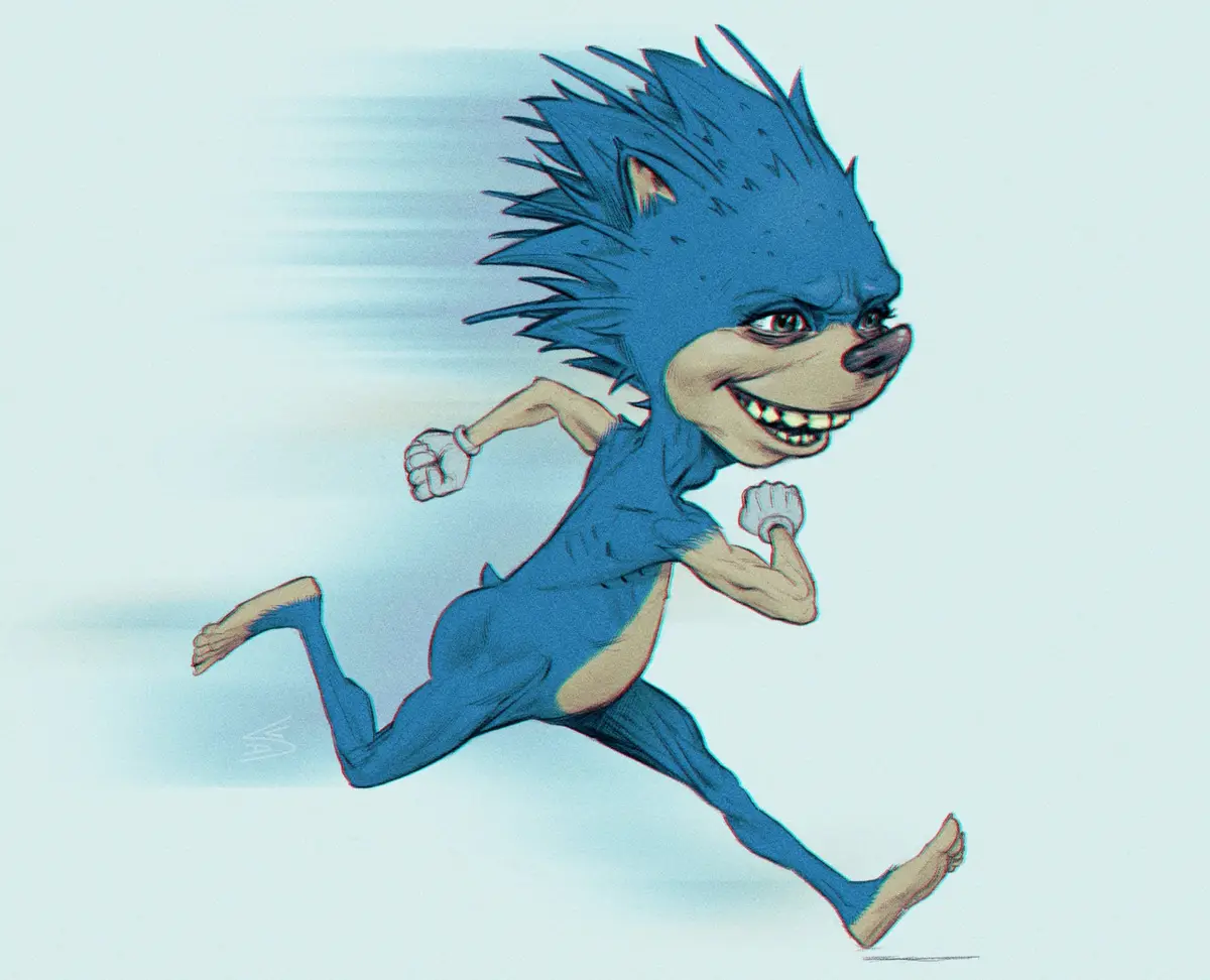 A cartoon blue hedgehog with spiky hair is running with a determined, slightly manic grin, arms pumping and legs extended…