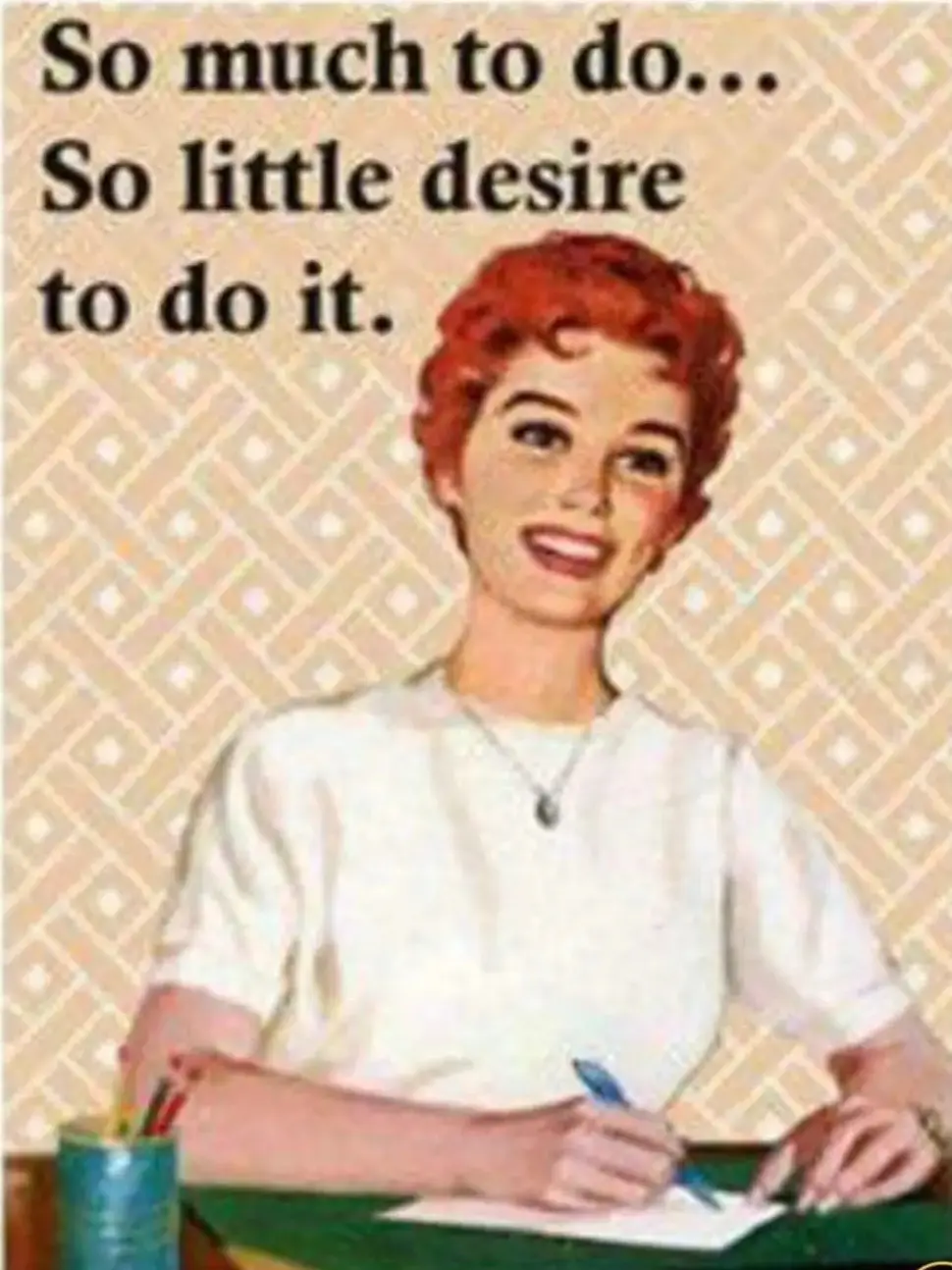 A vintage-style illustration shows a smiling woman with red hair sitting at a desk, writing on paper with a pen. She wears a…