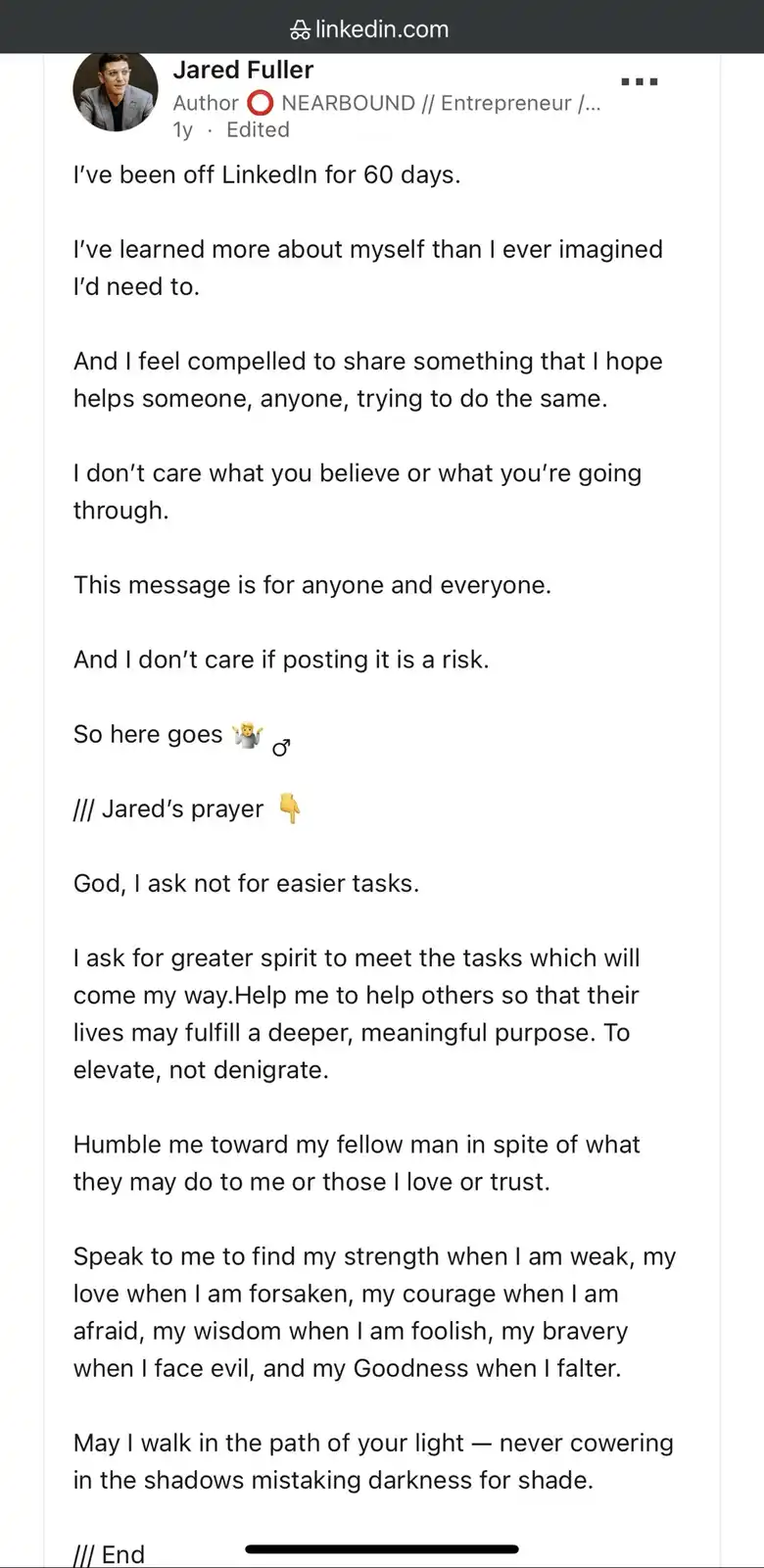 A screenshot of a LinkedIn post by Jared Fuller, who states he's been off the platform for 60 days and shares a personal…