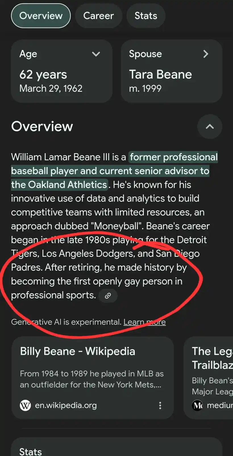 A screenshot of a biographical profile for Billy Beane, showing his age, spouse, and career overview. A red circle…