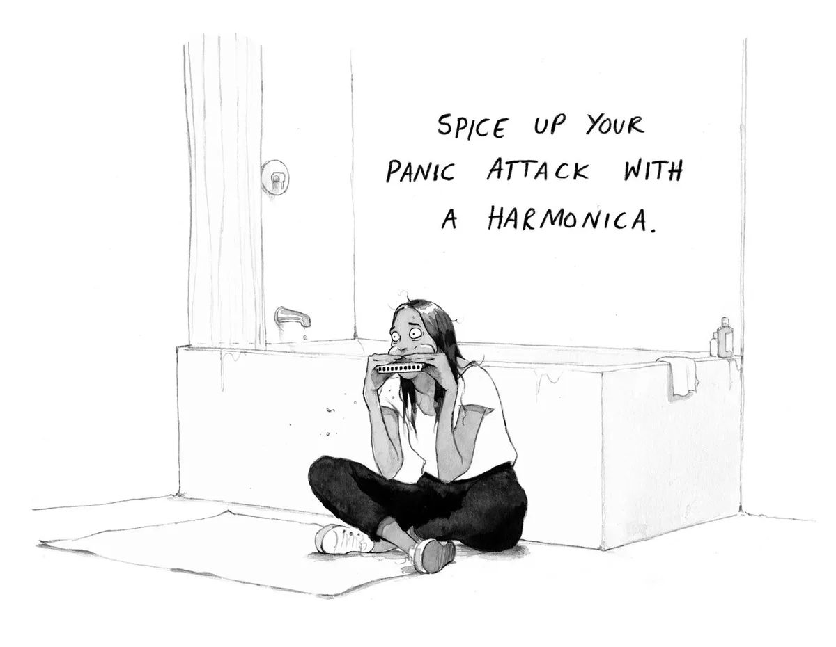 A black-and-white sketch shows a person sitting on the bathroom floor in front of a bathtub, holding a harmonica to their…