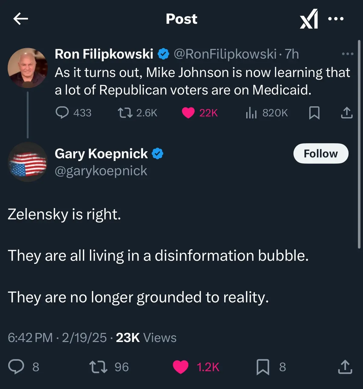 A screenshot of an X (Twitter) post by Gary Koepnick replying to Ron Filipkowski. Filipkowski's post says 'As it turns out…