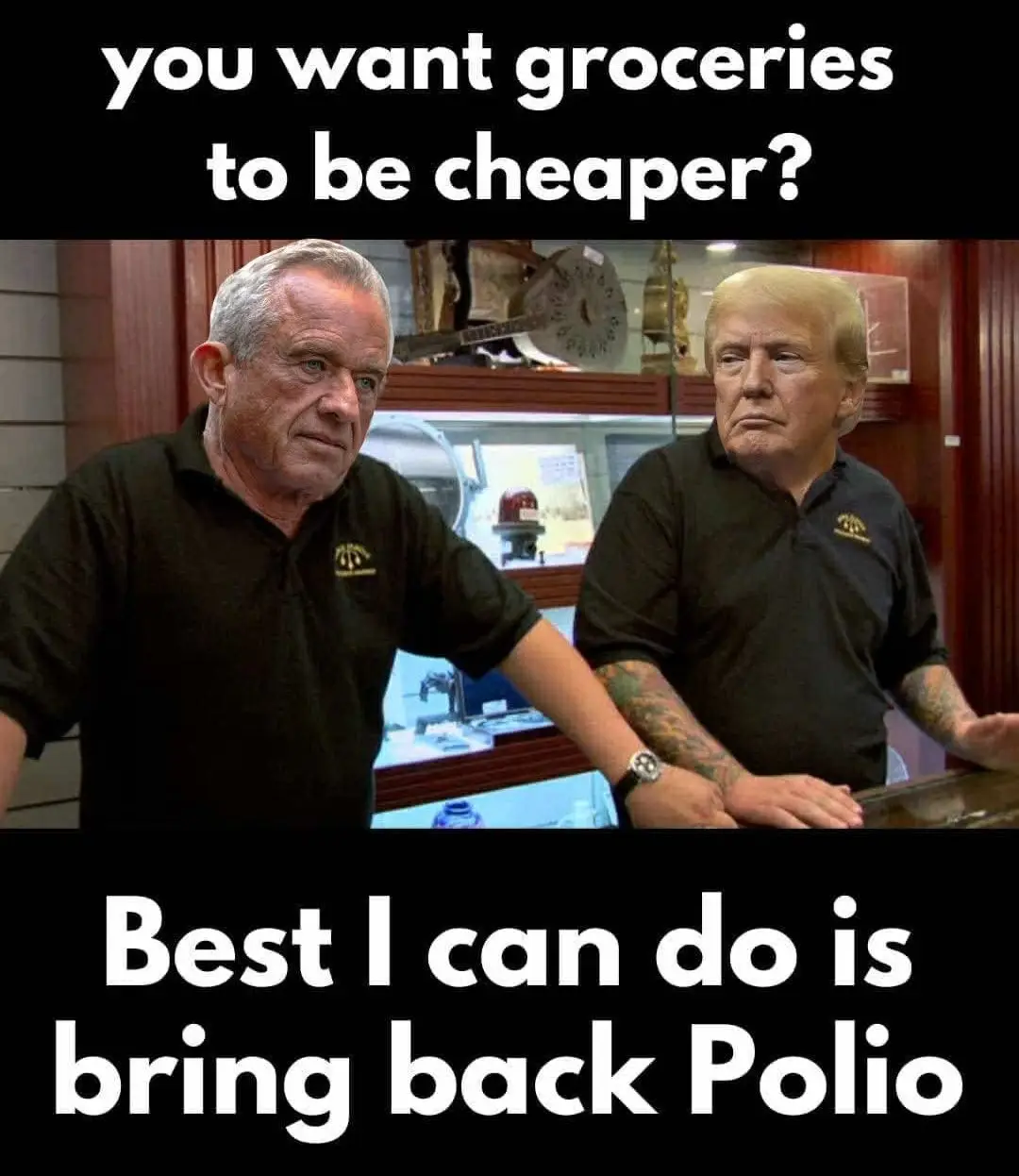 Two men in black polo shirts stand side by side in what appears to be a store or shop, with shelves of items visible behind…