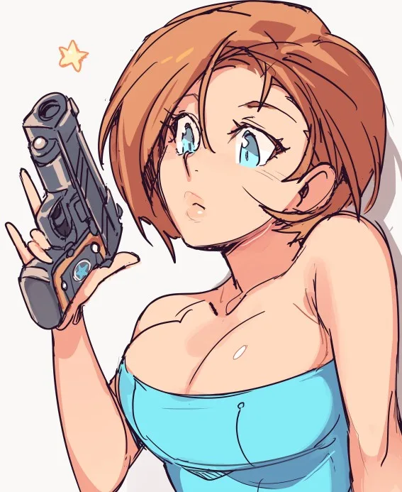 An anime-style illustration of a young woman with short brown hair and blue eyes, wearing a light blue strapless top. She…