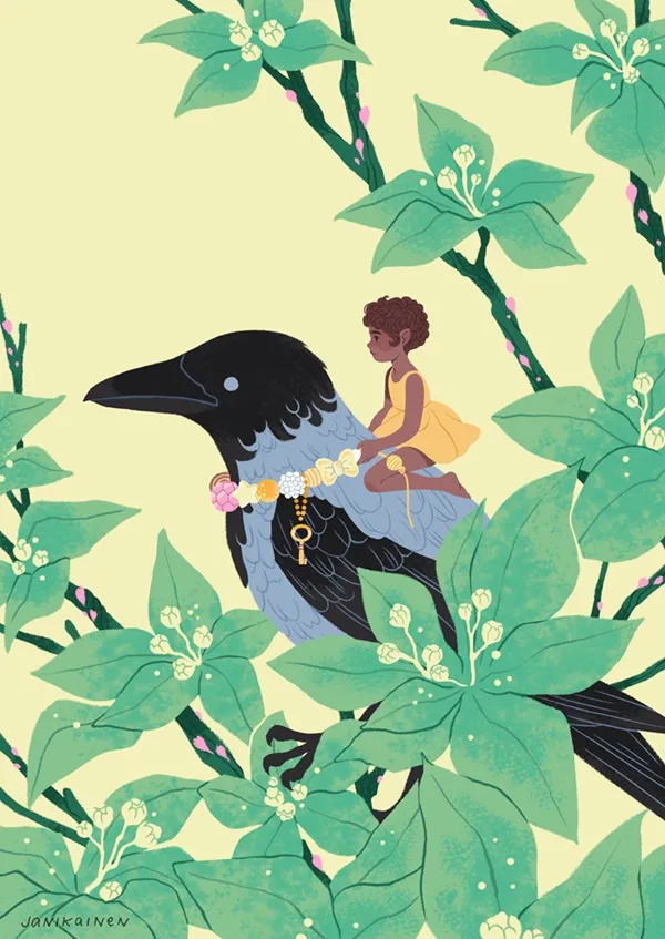 An illustration shows a small child with curly hair and a yellow dress riding on the back of a large black bird, possibly a…