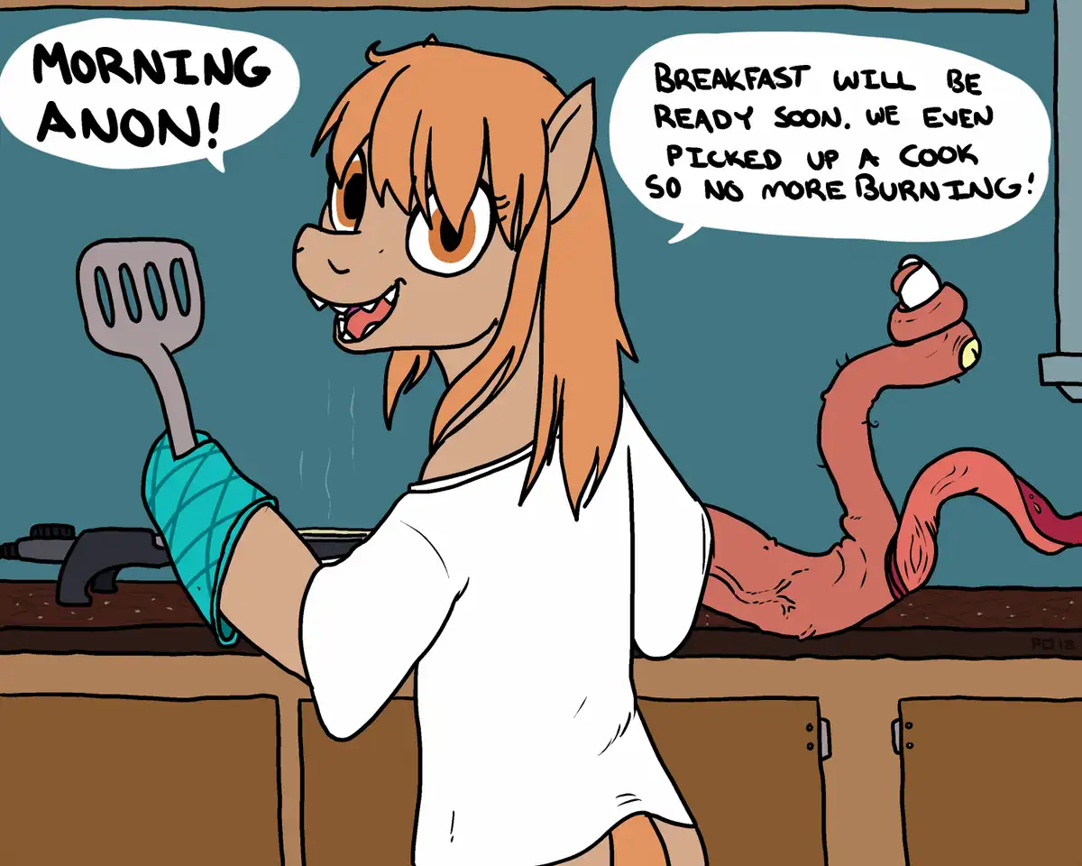 A cartoon anthropomorphic pony with orange hair and a white shirt stands in a kitchen, holding a spatula in a teal oven mitt…