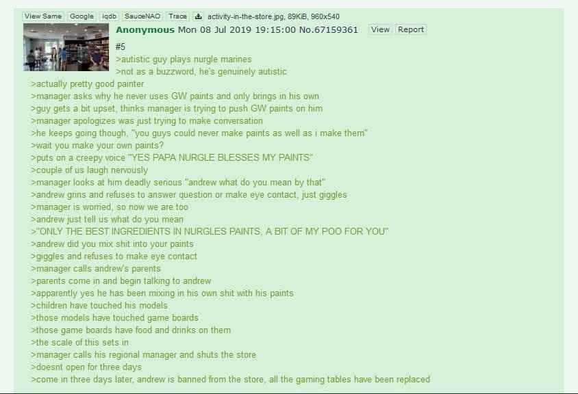A screenshot of a 4chan thread detailing a story where an autistic man named Andrew, who paints Warhammer 40k miniatures…