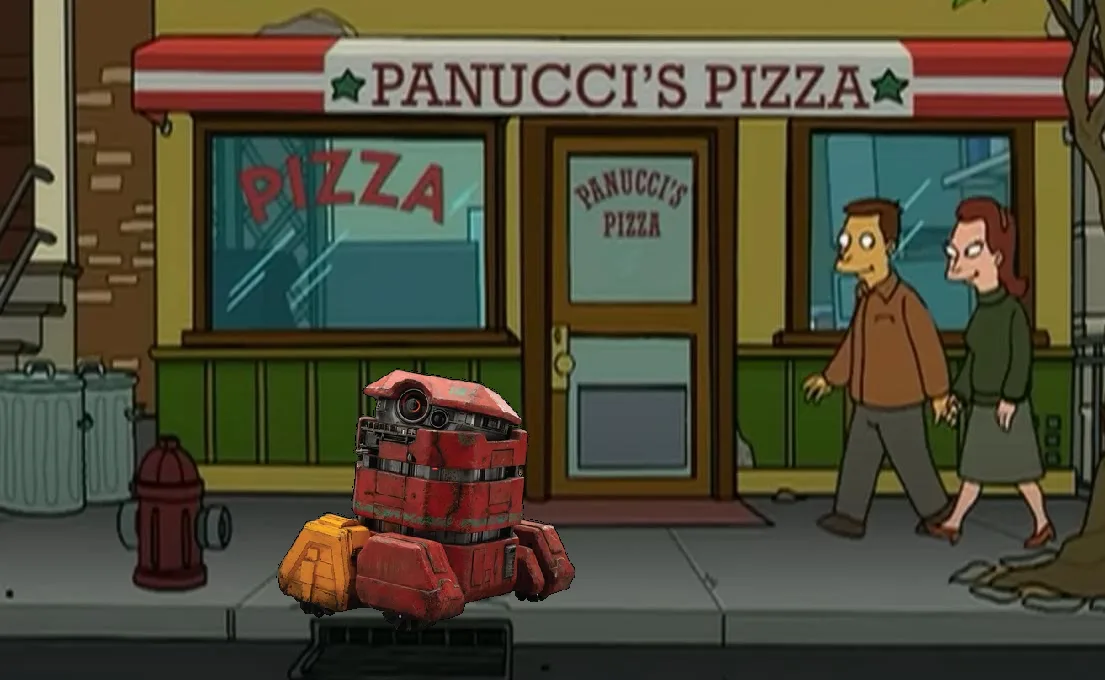 A red, rusty, boxy robot with a single eye and orange legs stands on a sidewalk in front of Panucci's Pizza, a cartoon…