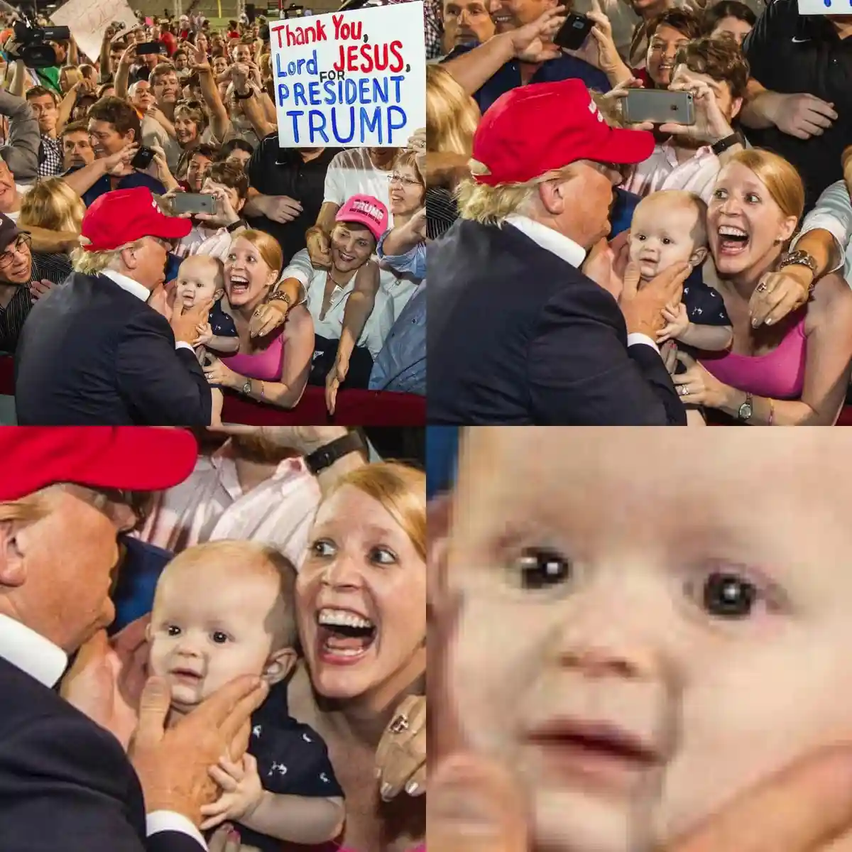 A four-panel image collage shows Donald Trump interacting with a woman and her baby at a rally. In the top-left panel, a…