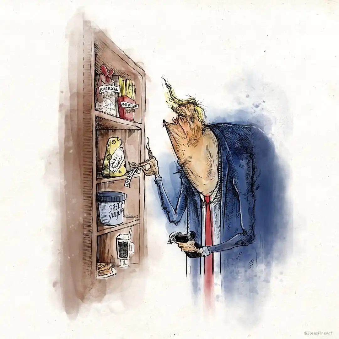 A caricatured man with exaggerated features and blonde hair, wearing a blue suit and red tie, is shown reaching into a…