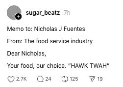 A screenshot of a Reddit post by user sugar_beatz showing a mock memo addressed to Nicholas J Fuentes from 'The food service…