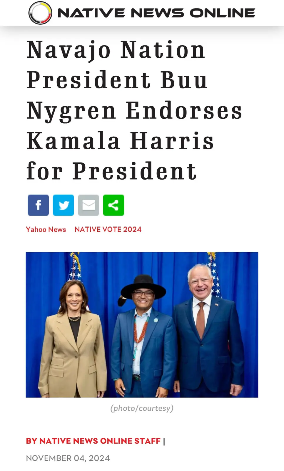 A screenshot of a Native News Online article from November 4, 2024, featuring a photo of Kamala Harris, Navajo Nation…