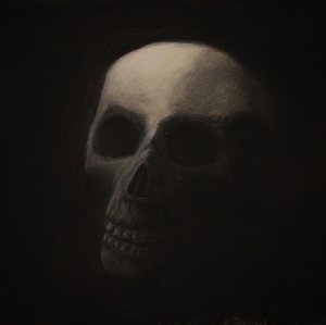 A dark, atmospheric charcoal drawing of a human skull in profile, illuminated from the side against a black background. The…