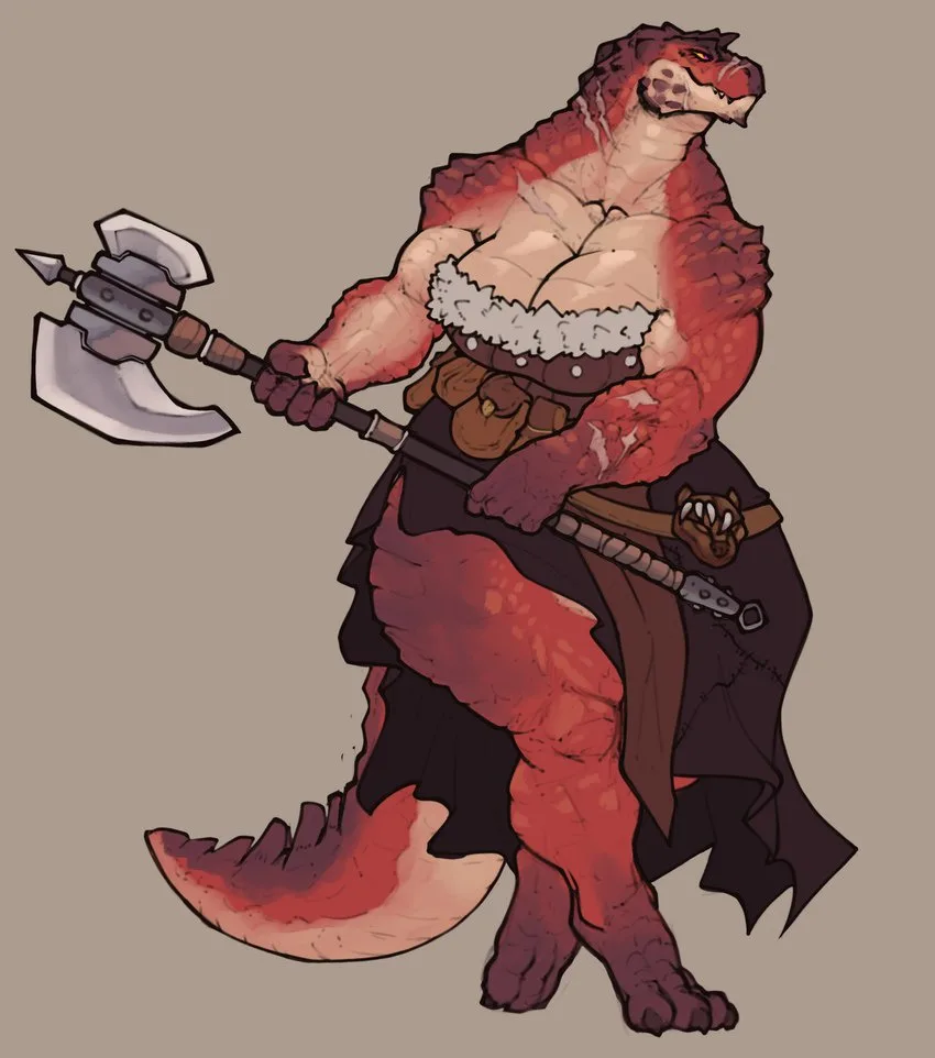 A muscular, red-skinned humanoid creature with reptilian features, including a scaly tail and claws, stands confidently…